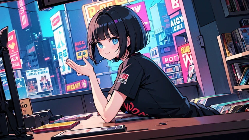 1 girl, solo, blue eyes, (detailed eyes), flat chest, short hair, black hair, upper body, gentle smile on her face, sitting up straight((masterpiece, illustration, best quality)) A very detailed beautiful woman, Perfect face,Black Hair, bob cut,Bangs, Gray eyes, Top of crop, Short sleeve, Super detailed, Retro Wave, Room, Depth of Field, Super detailed,(((Record store))), Nostalgia, panoramic, Long Shot, (((records on bookshelf.))), (((Various angles))), (((cyberpunk))), (((neon))),(((Front view))),(((night))), (((straight on))), (((Large windows))), (masterpiece, best quality, best quality, Official Art, beautiful and aesthetic: 1.2), Old anime texture,