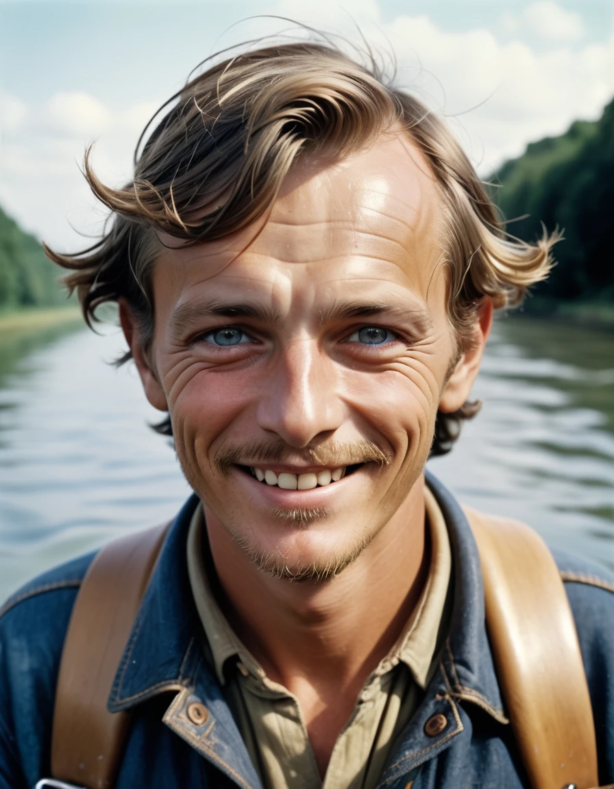 portrait d'un homme sks, en voyage sur un petit bateau sur un fleuve, Veste en jean skinny, de Henri Cartier-Bresson, composition de personnages épique, Éclairage naturel, yeux parfaits, photo couleur, hyper realiste, visage détaillé (Sourire parfait:0.7), cheveux pas trop long, tête européenne, caucasien, plus de détail, éclairage aléatoire sur le cheveux, cheveux détaillés, 4K photo réaliste