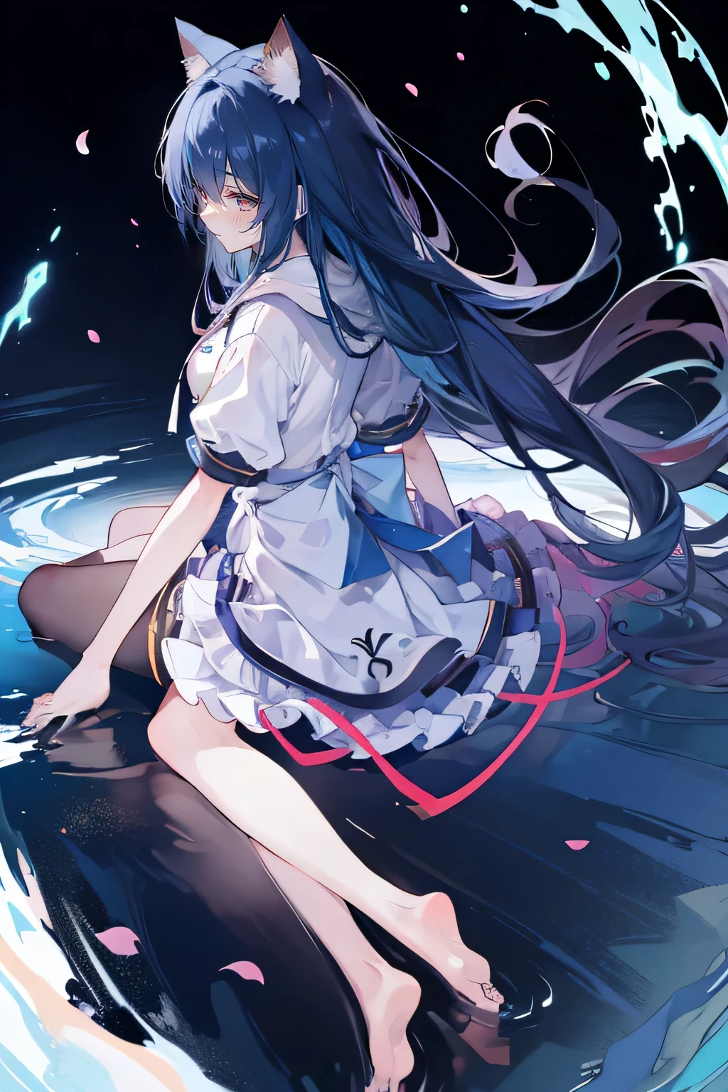 (masterpiece:1.2),Super detailed,lifelike,Expressive eyes,fair skin,perfect face shape,1 girl,
Japanese comics,Gorgeous blue hair,flowing blue hair,flowing clothes,Cat ears,Petals fall,beautiful lola,Baby Angel,
Shaking head with one hand,Cross your legs,Gentle and peaceful background,The pavilion is cool and comfortable,smile, wearing hoodie, background of tokyo,back views,snowing, winter,lie on the water,Lying on the ground。Dark blue gradient hair,asymmetrical hair,((Hair is very thick 1.8,Chiseled hair 1.6)), Hair over the shoulders, Messy hair, Very long hair, shiny hair,(long dark blue hair:1.2),A beautiful girl,(Transparent clothes transparent 1.8),Perfect body,Big thin legs,slender,(Looks very sad,Looks haggard ,sadness,shut your mouth:1.2) Against the backdrop of an unusually bright dark starry sky,(Put your hands behind your back),(round,Room, Strong breasts),barefoot,float,water surface,(long legs,long legs,long legs,Complete)