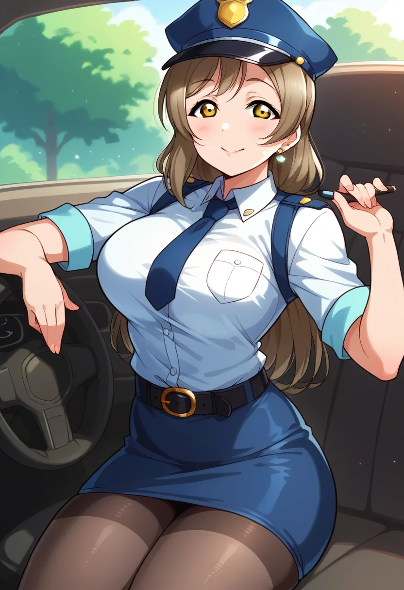 Masterpiece, best quality, Kotori Minami Love Live, curvy body, :D ,white tight shirt,half sleeves,earrings, pencil skirt, necktie , sitting inside car,police cap,in police station,looking at viewer, cowboy shot, thighs, wide hips  ,solo  ,belt, pantyhose , skindentation , cowboy shot,milf