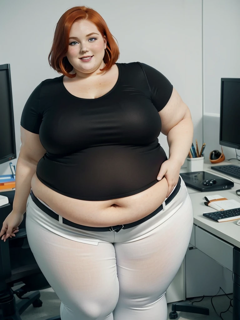 A happy photo of a young beautiful redhead office girl bbw with short ginger hair soft fat belly, wide fat obese hips, thick fat legs and fat arms, cute pretty face, blue eyes, freckles, white tight shirt and black blouse and black pants, in a modern office