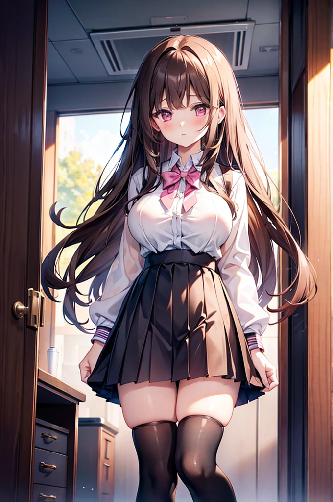 Long brown hair JK 17 years old Pleated skirt Blouse Pink eyes Black knee-high socks Straight Big tits Dildo Milking Pussy Masturbation