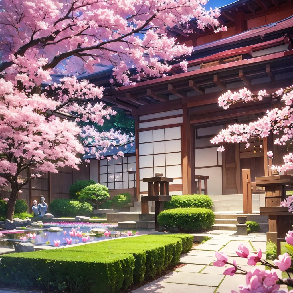 A beautiful Japanese garden with cherry trees and purple flowers around with a small pond and purple tulips With a boy and a girl holding hands happily