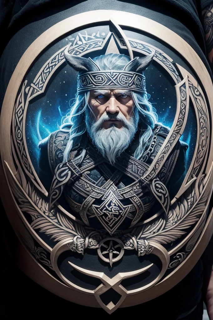 A tattoo inspired by Norse mythology featuring Odin and the Norse protection symbol