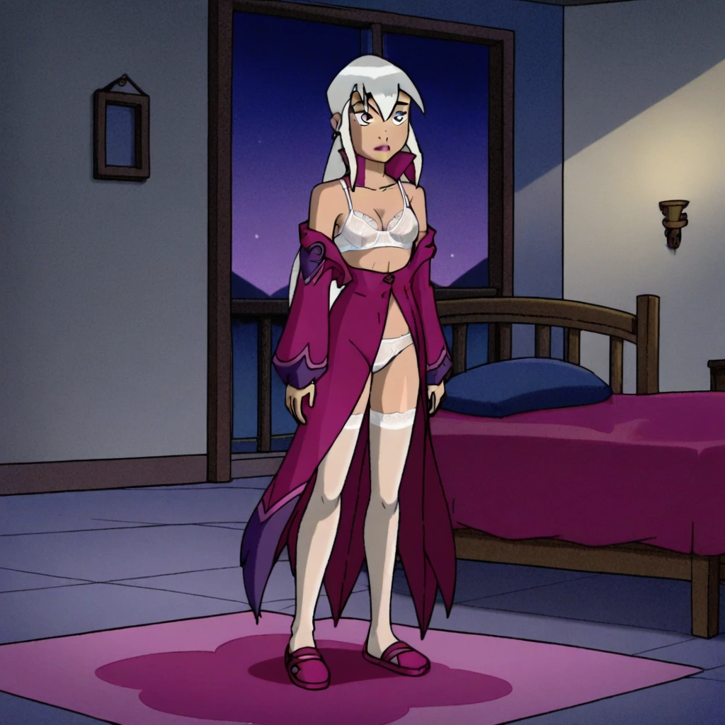 score_9, charmcaster, ben 10, bedroom, night, standing, white hair, purple eyes, pink and white lingerie, pink slippers, no coat, see through stockings, bare arms, bare shoulders