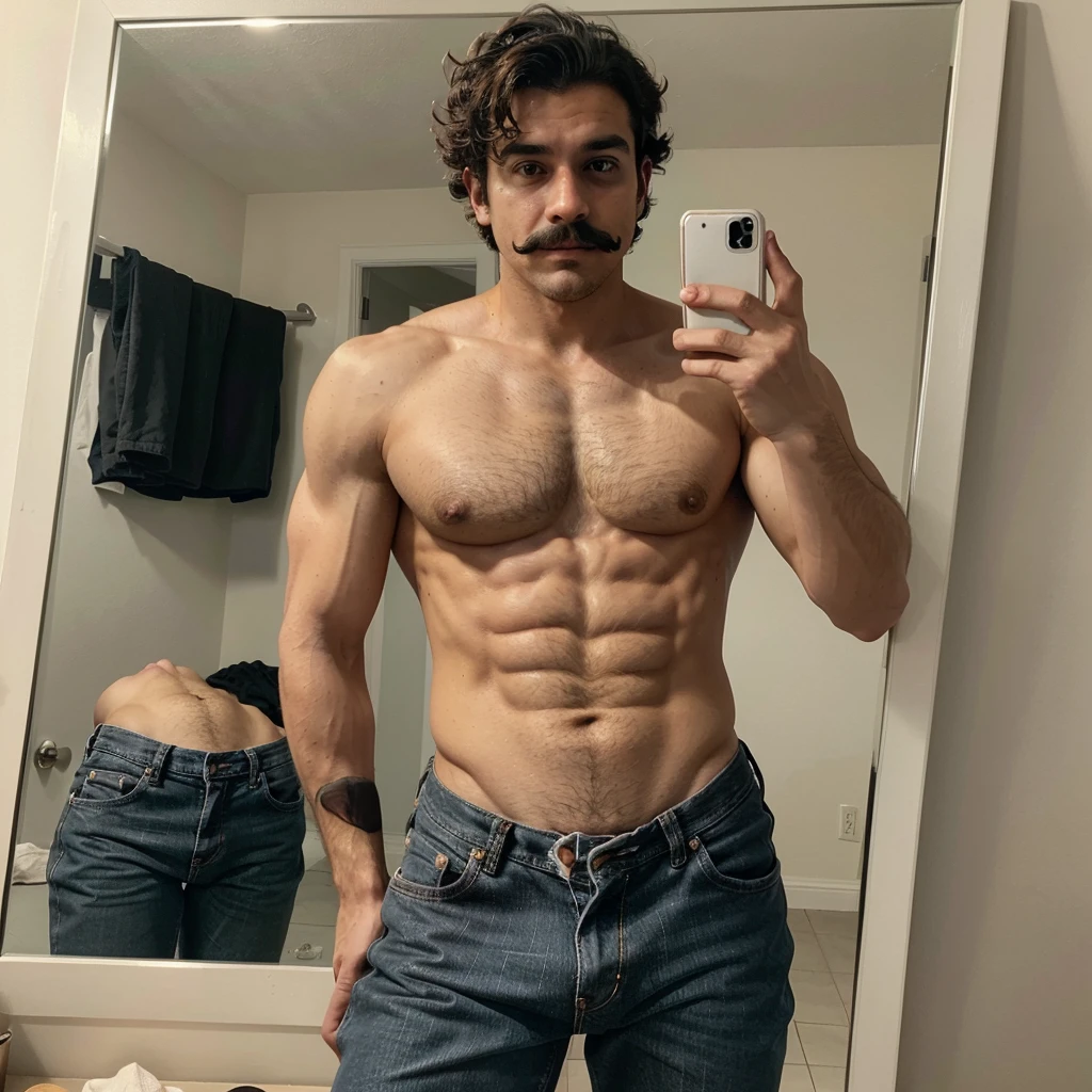 One Handsome man , light mustache, hot muscular body , medium curly hair , mirror selfie, best quality like its taken by iPhone 12 , wearing black baggy jeans