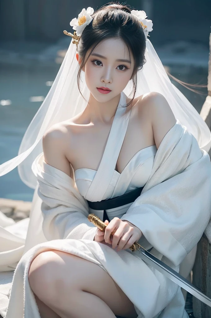 One of them is wearing a white dress、Close-up of woman holding sword, Yang Jie portrait, CGsociety Trends, Fantasy Art, beautiful figure painting, Gurwitz style artwork, Guvez, White Hanfu, flowing white robe, Full body martial arts, Epic and beautiful character art, Stunning character art, Beautiful female killer