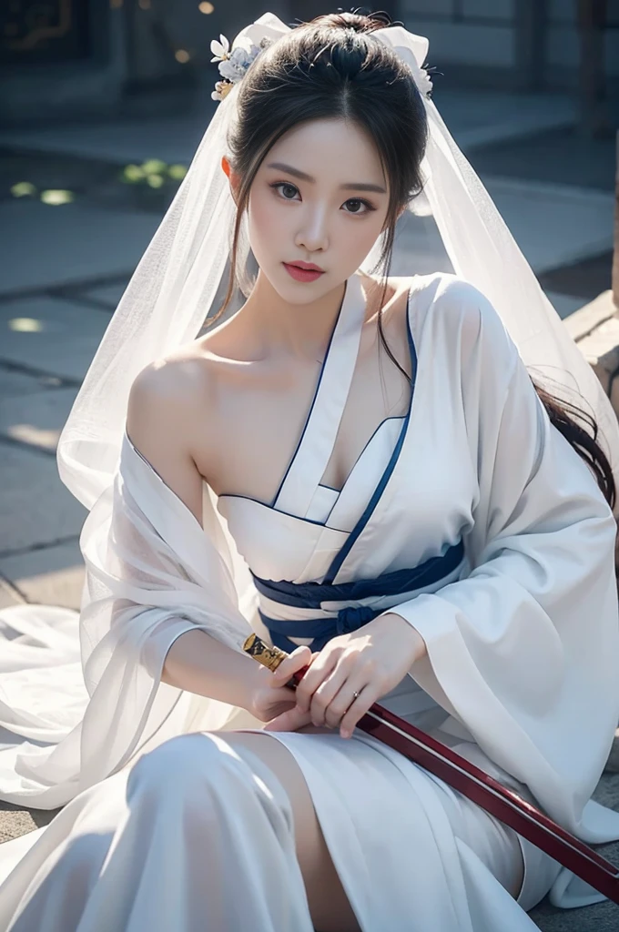 One of them is wearing a white dress、Close-up of woman holding sword, Yang Jie portrait, CGsociety Trends, Fantasy Art, beautiful figure painting, Gurwitz style artwork, Guvez, White Hanfu, flowing white robe, Full body martial arts, Epic and beautiful character art, Stunning character art, Beautiful female killer