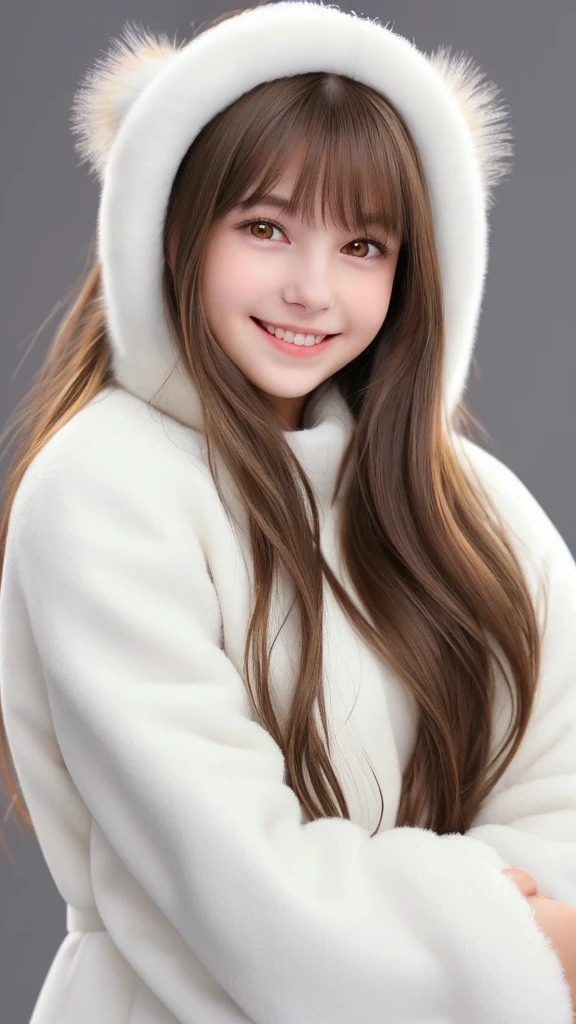 A beautiful young girl with long, flowing brown hair wearing a white fur-trimmed coat, smiling and looking directly at the viewer against a simple white background, her yellow eyes and slightly parted lips adding to her warm and inviting expression, wearing a cozy winter outfit with long sleeves, a buttoned coat, and a swept-back hairstyle with bangs.