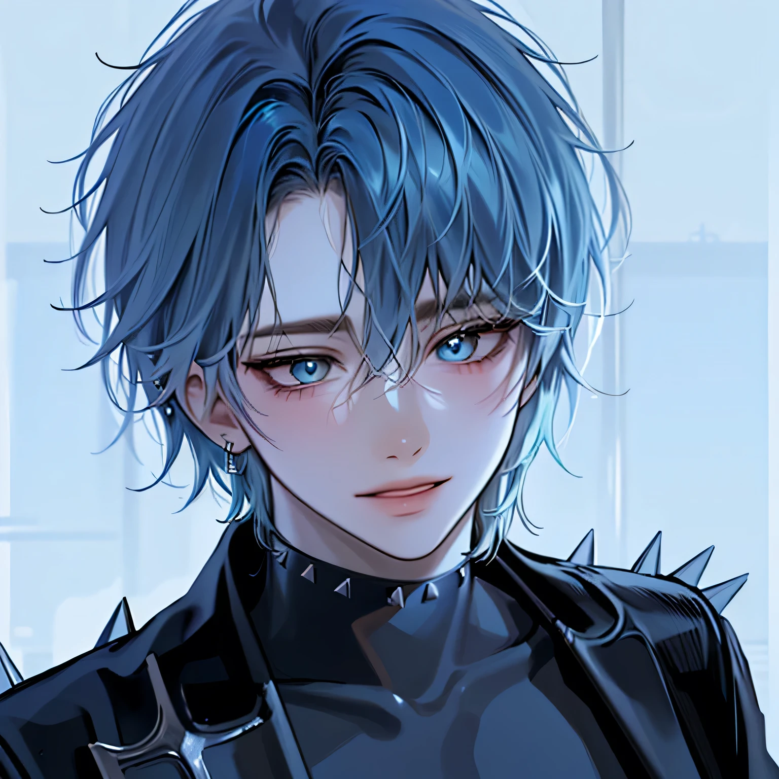 (absurdity, A high resolution, ultra detailed),(masterpiece, Best quality:1.2),1 boy,spiky dirty hair,blue hair,deep blue eyes, extremely detailed eyes, close-up, portrait, smiling, absolutely stunning art