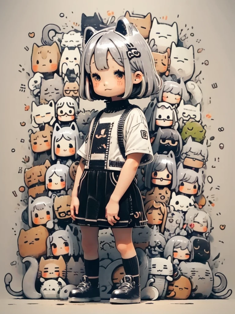 (chibi:1.3), 1girl, solo, cute, young, silver hair, bob cut hair, (:3:1.3), (cat ears, cat tail), ((outfits:cute girl codes, various posing))