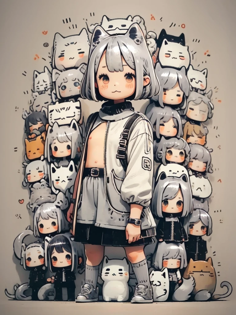 (chibi:1.3), 1girl, solo, cute, young, silver hair, bob cut hair, (:3:1.3), (cat ears, cat tail), ((outfits:cute girl codes, various posing))