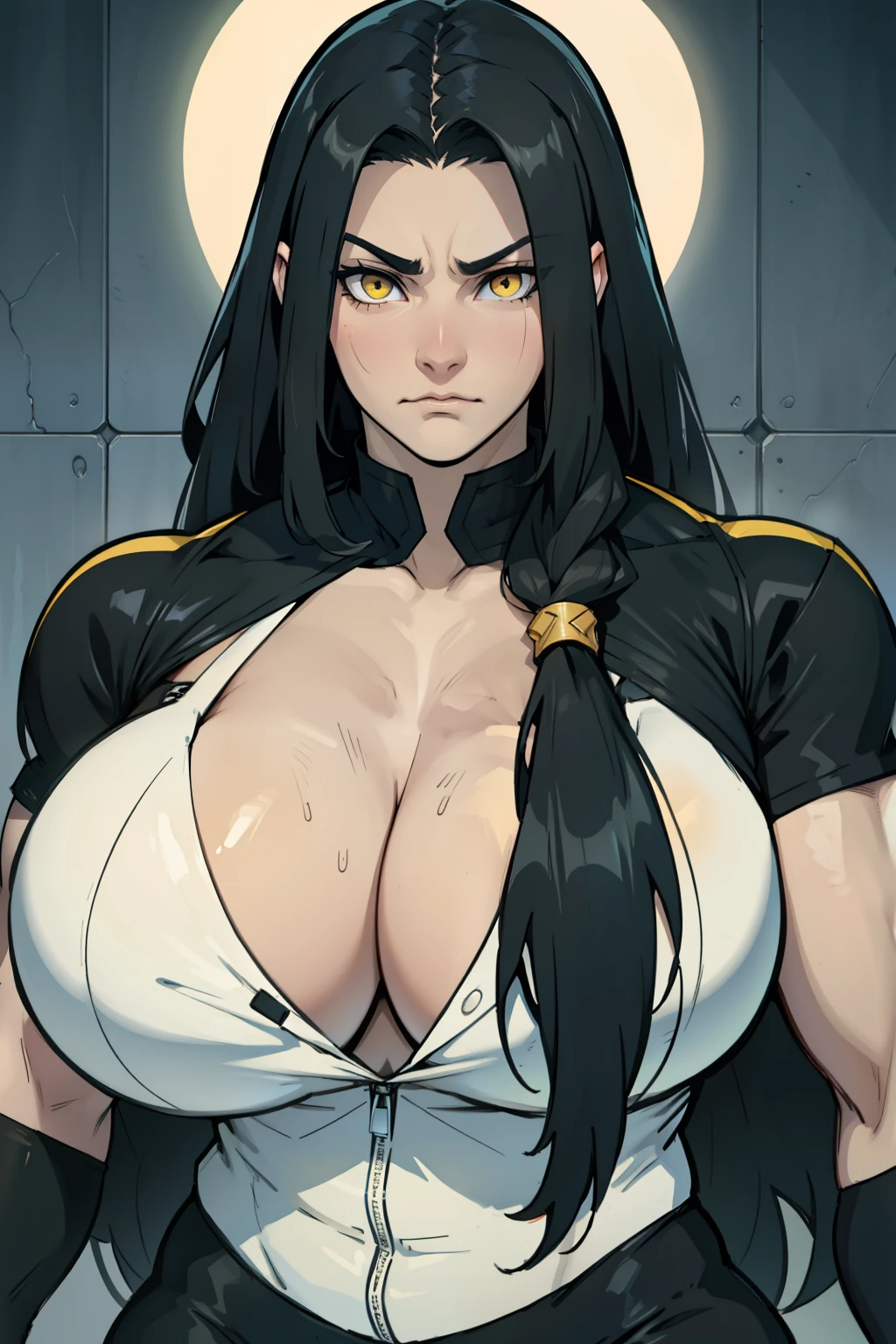 huge breasts muscular muscular muscular thick thick thick black hair yellow eyes pale skin female sad frown cleavage long straight hair long straight hair long straight hair long straight hair 