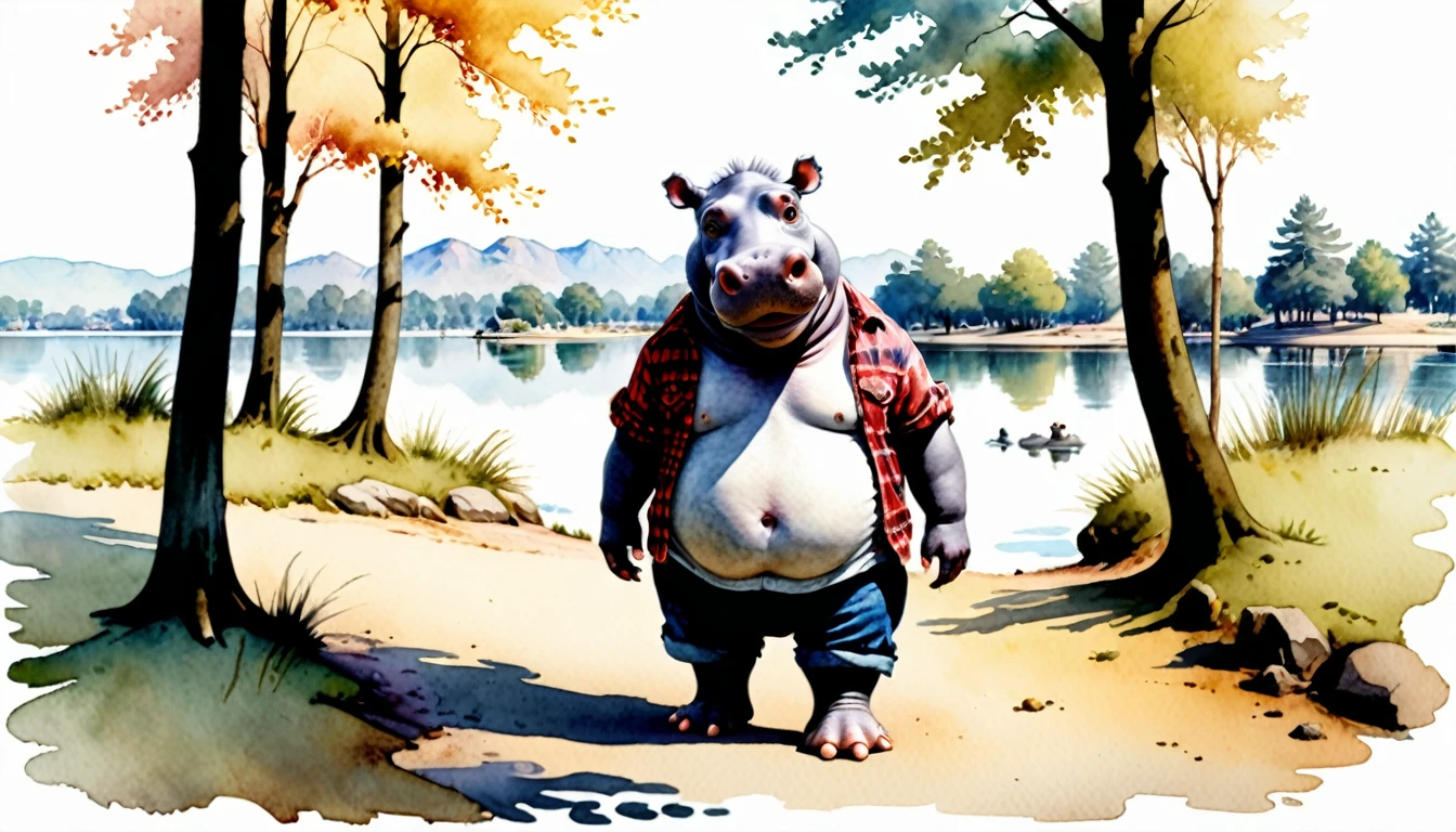 (photography film style), anthropomorphic cute hippopotamus, watercolor, lakeside, surrounded by trees, wearing casual clothes, 2D, colorful, warm atmosphere, glossy, Jean-Baptiste Monge style, Alan Lee style