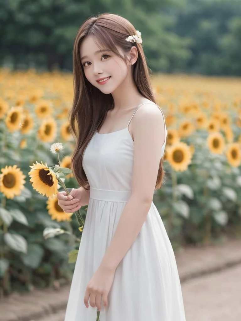 1girl, solo, HQ, :d, blue eyes, blurry, blurry foreground, brown eyes, brown hair, depth of field, dress, flower, holding flower, letterboxed, long hair, open mouth, petals, rose, smile, standing, standing, sunflower, very long hair, white dress, white flower,