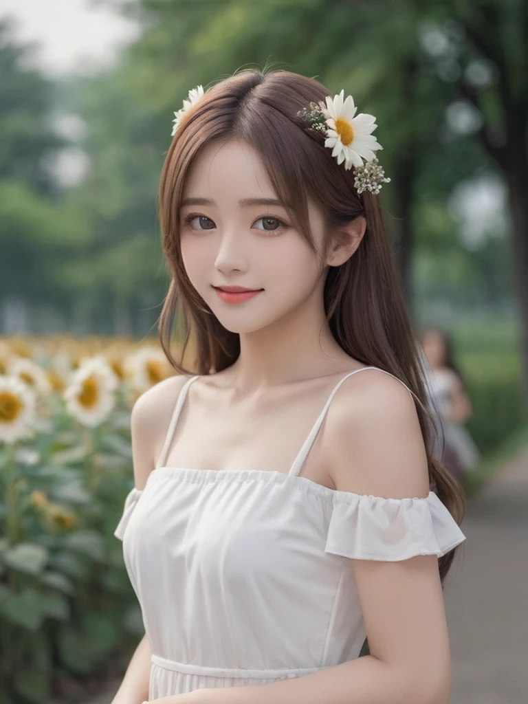 1girl, solo, HQ, :d, blue eyes, blurry, blurry foreground, brown eyes, brown hair, depth of field, dress, flower, holding flower, letterboxed, long hair, open mouth, petals, rose, smile, standing, standing, sunflower, very long hair, white dress, white flower,