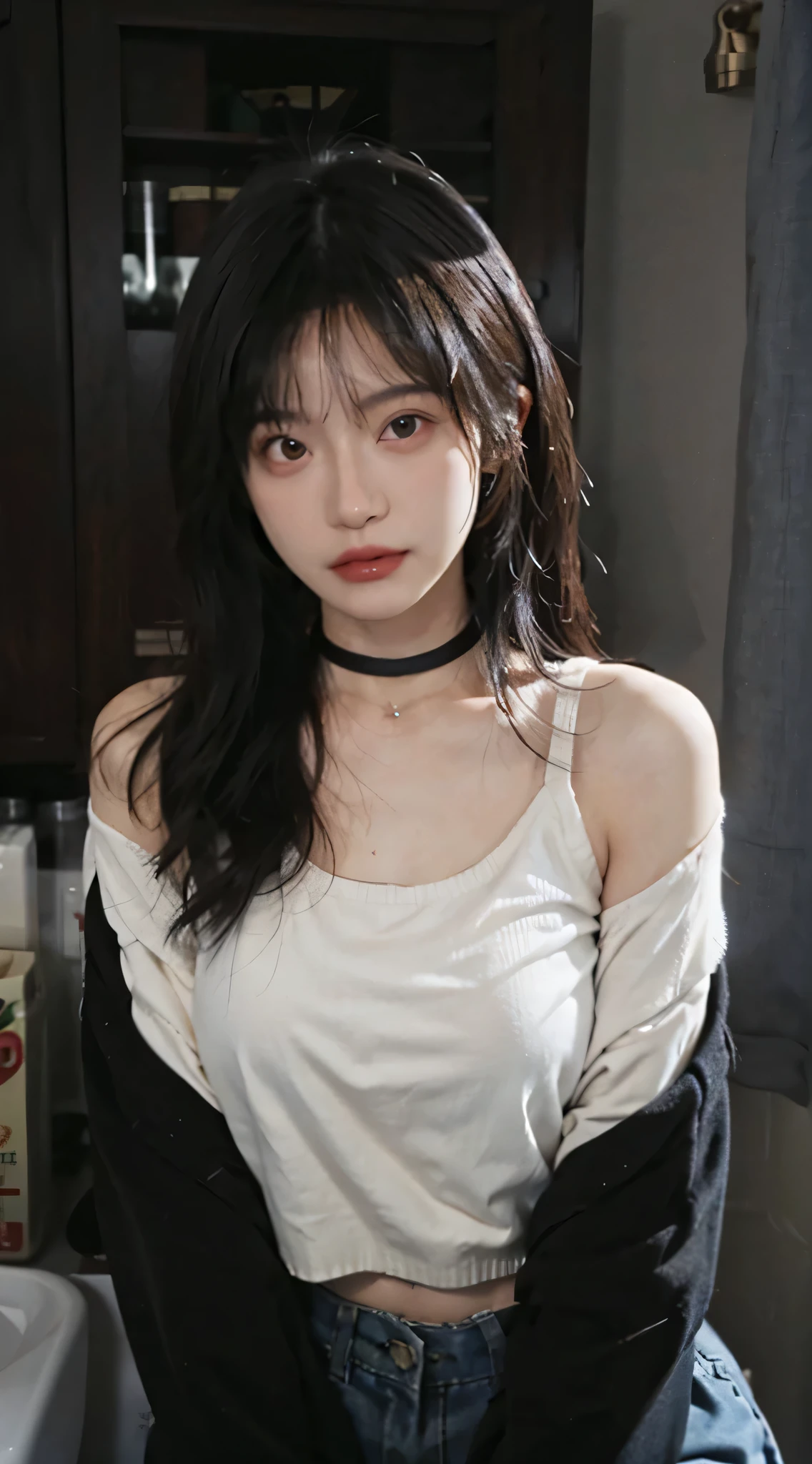 best qualtiy， Ultra-high resolution， （realisticlying：1.4），Baoyu Girl，lipsticks，1girll, ,Cropped red sweater，a sense of atmosphere，Beautiful woman with a slim figure:1.4, abs:1.1,   bathroom,Ultra-fine face，Leather clothes，Elaborate Eyes，double eyelid，choker necklace