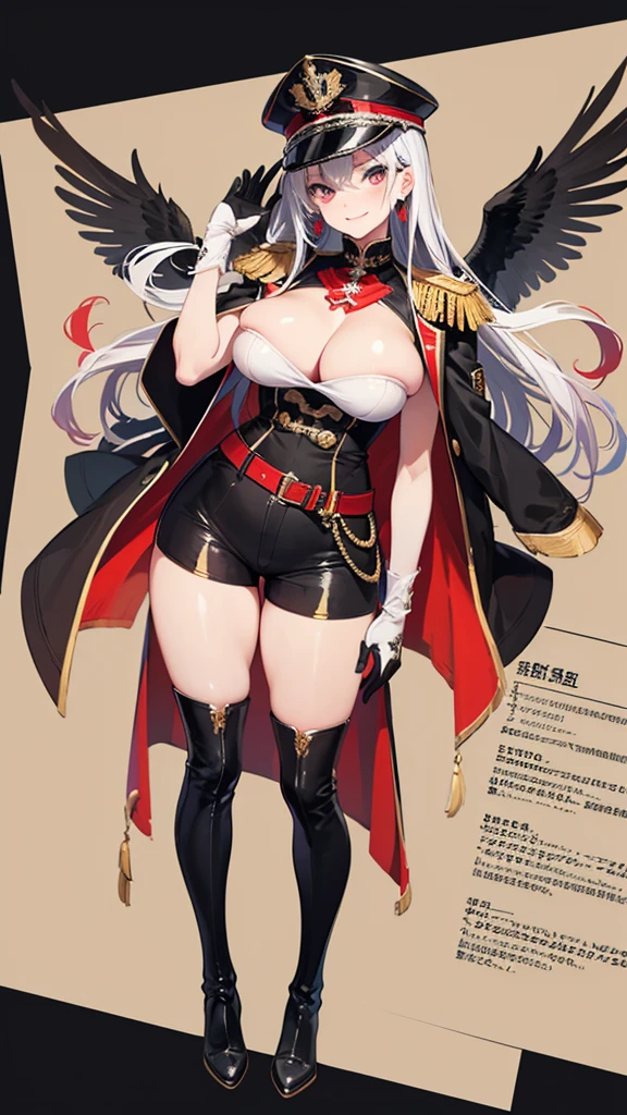 (masterpiece),(Highest quality),(Very detailed),(Best illustrations),(so beautiful)(masterpiece),(Highest quality),(Very detailed),(Best illustrations),alone,Posing,Large Breasts,thick thighs black army uniform, Epaulettes, thigh boots, army uniform, army, uniform, belt, Shorts, boots, Earrings, jewelry, gloves, Knee socks, military cap, , Simple Background,邪悪なsmile, smile, Evil Face, Mischievous face,(Top Gravure Model),(Highest quality,High resolution,masterpiece:1.2),Super detailed,Vibrant colors,View here,Beautiful Woman、Beautiful shiny skin,完璧なBeautiful Woman