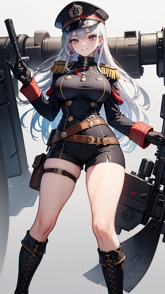 (masterpiece),(Highest quality),(Very detailed),(Best illustrations),(so beautiful)(masterpiece),(Highest quality),(Very detailed),(Best illustrations),alone,Posing,Large Breasts,thick thighs black army uniform, Epaulettes, thigh boots, army uniform, army, uniform, belt, Shorts, boots, Earrings, jewelry, gloves, Knee socks, military cap, , Simple Background,邪悪なsmile, smile, Evil Face, Mischievous face,(Top Gravure Model),(Highest quality,High resolution,masterpiece:1.2),Super detailed,Vibrant colors,View here,Beautiful Woman、Beautiful shiny skin,完璧なBeautiful Woman