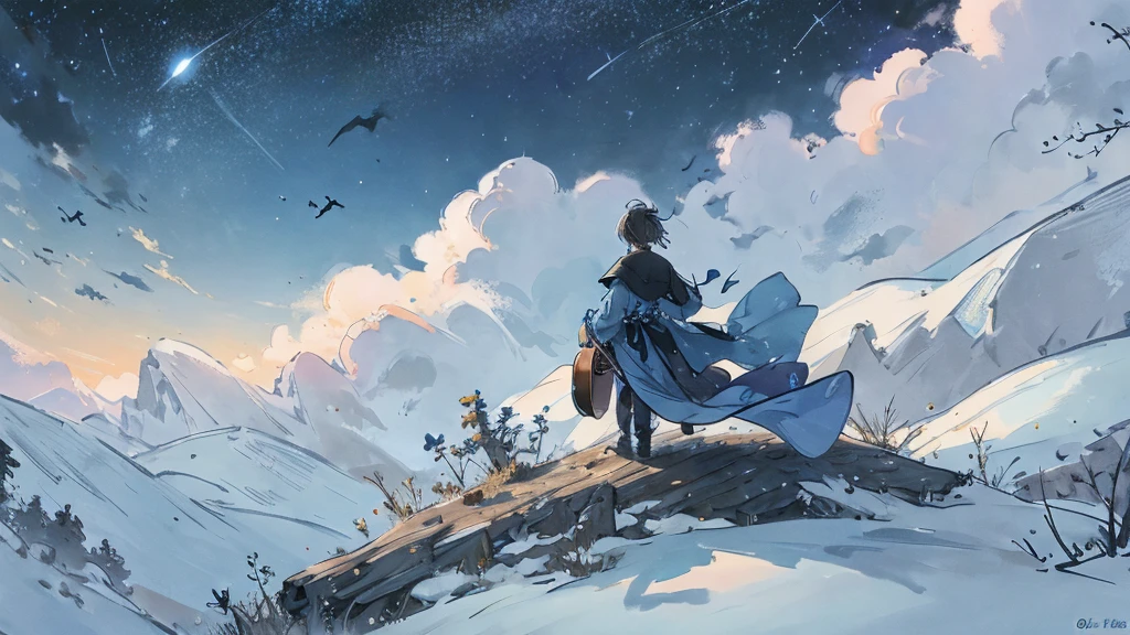 Little Blue Bird。Under the stars。On a hill far away、A small person is alone with his back to me。A large acoustic guitar is placed close to people。