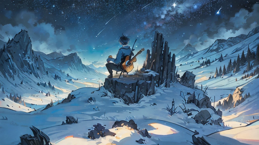 Little Blue Bird。Under the stars。On a hill far away、A small person is alone with his back to me。A large acoustic guitar is placed close to people。