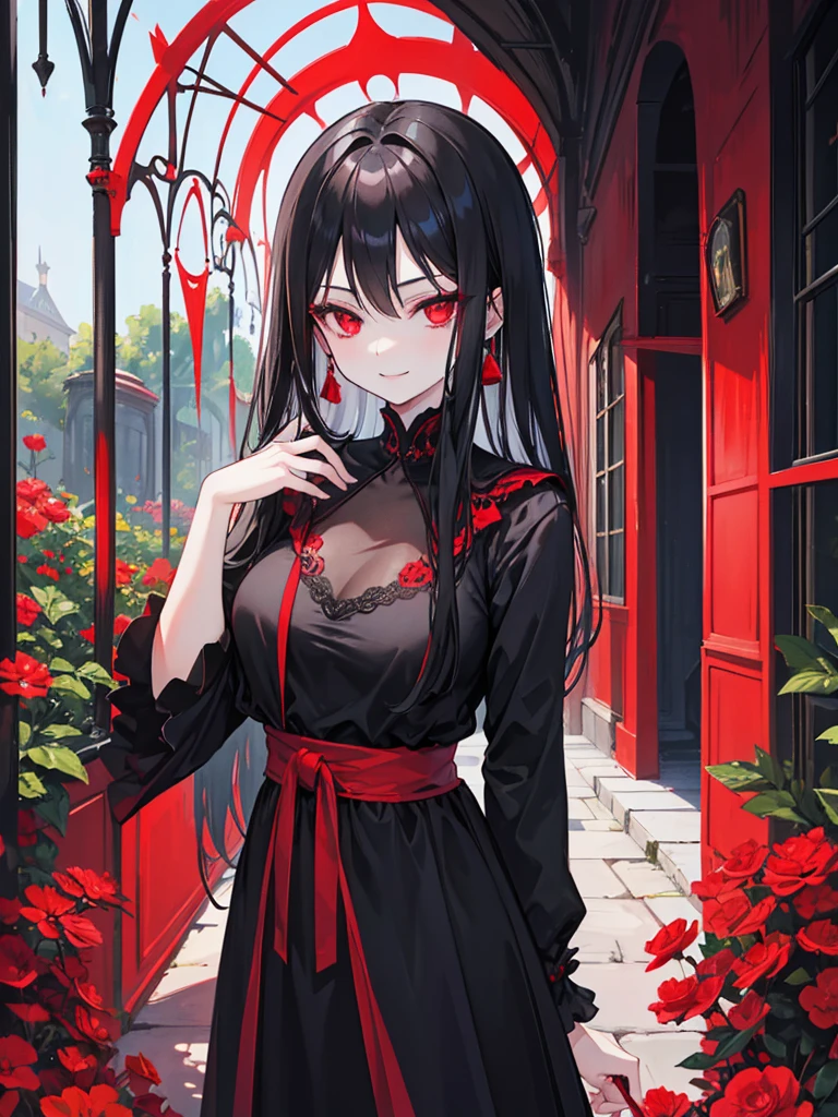woman, red eyes, long curry wauy black hair. wear black dress, arrogant, independent woman. background in garden. she is vampire. sadistic smile