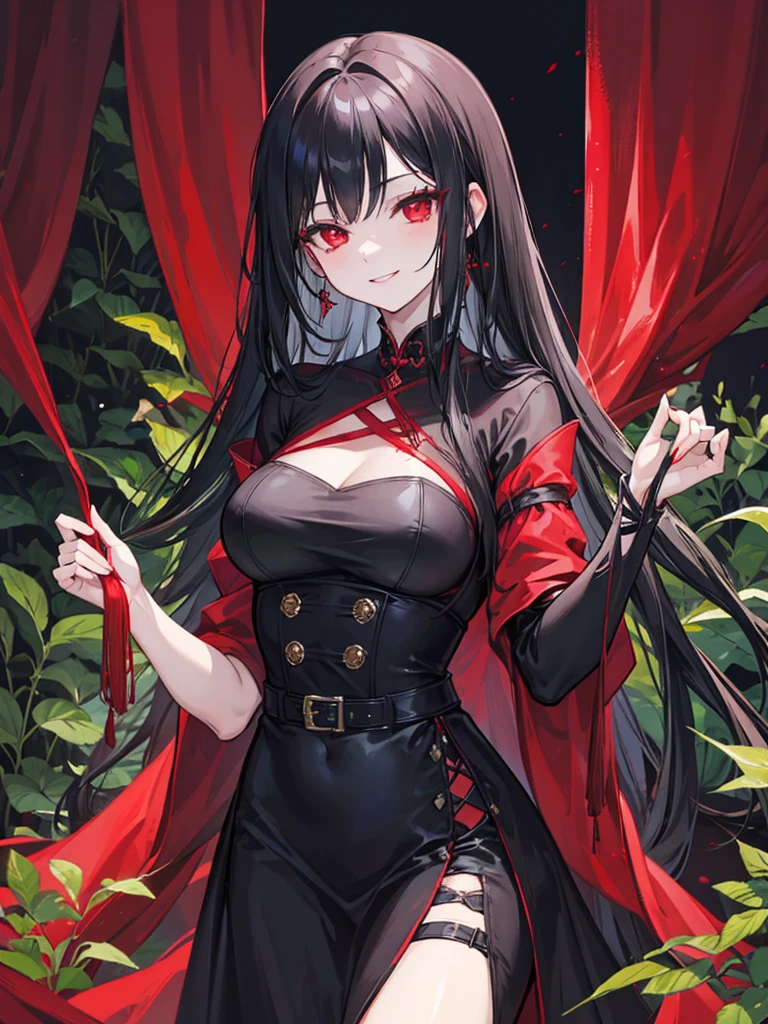 woman, red eyes, long curry wauy black hair. wear black dress, arrogant, independent woman. background in garden. she is vampire. sadistic smile