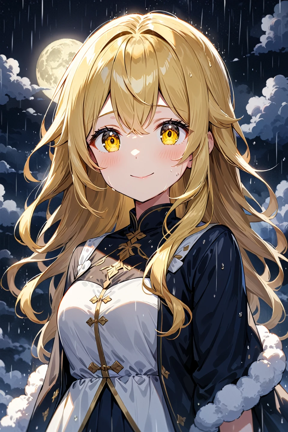 A beautiful anime girl with long blonde hair and yellow eyes is standing in the rain. She is wearing a and has a gentle smile on her face. The background is a night sky with a full moon and fluffy clouds., ((medium quality)), ((medium quality))