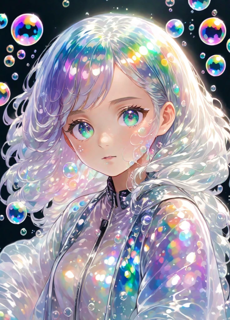 girl, anime, looking at viewer, bubbles, highly detailed, reflective transparent iridescent opaque jacket, long transparent iridescent RGB hair