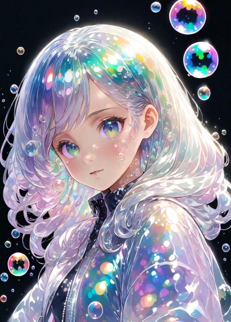 girl, anime, looking at viewer, bubbles, highly detailed, reflective transparent iridescent opaque jacket, long transparent iridescent RGB hair
