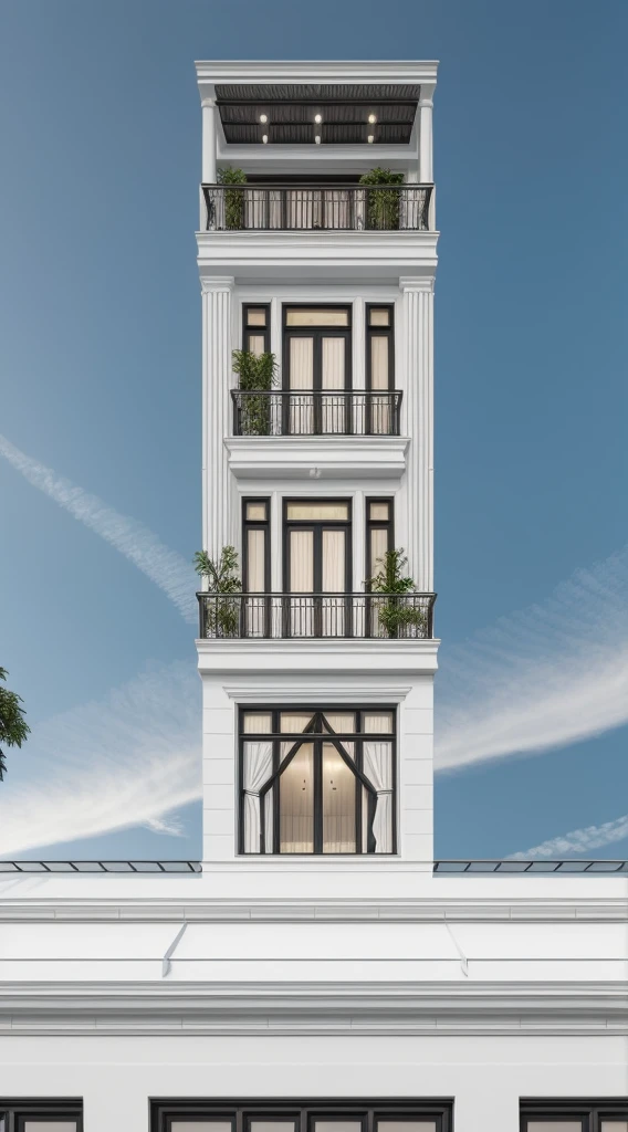 1 neoclassical style townhouse with white walls, black iron railings, black glass doors, black iron flower trellis frame, noon sun, very beautiful shade Masterpiece,best quality,8k uhd,dslr,soft lighting,high quality,hyper detail,film grain,Fujifilm XT3, UE 5 render 8k, super high resolution, supper detail:1.2), Super sharp like photos taken with a professional camera,