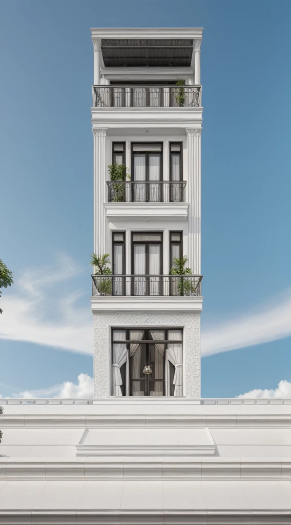 1 neoclassical style townhouse with white walls, black iron railings, black glass doors, black iron flower trellis frame, noon sun, very beautiful shade Masterpiece,best quality,8k uhd,dslr,soft lighting,high quality,hyper detail,film grain,Fujifilm XT3, UE 5 render 8k, super high resolution, supper detail:1.2), Super sharp like photos taken with a professional camera,