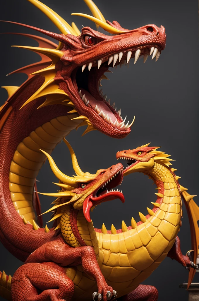 Red dragon swallowing a realistic yellow dragon