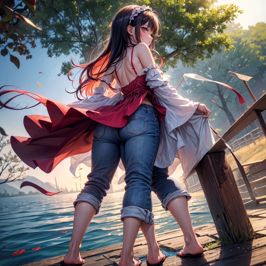 (Love ROJA en HAIRband:1.2),NSFW, 1 girl, (7 years :1.4), focus alone, back view, (from below:1.4), 
blush, (small and tiny hip), thin butts, thin thigh, calesa (nightgown), (jeans:1.2),
(down on my knees, to milk:1.2), (looking back, looking at the viewer:1.4), (taking out cigarette butts:1.2),
(in the park, in the pond), outdoor, dutch angle
