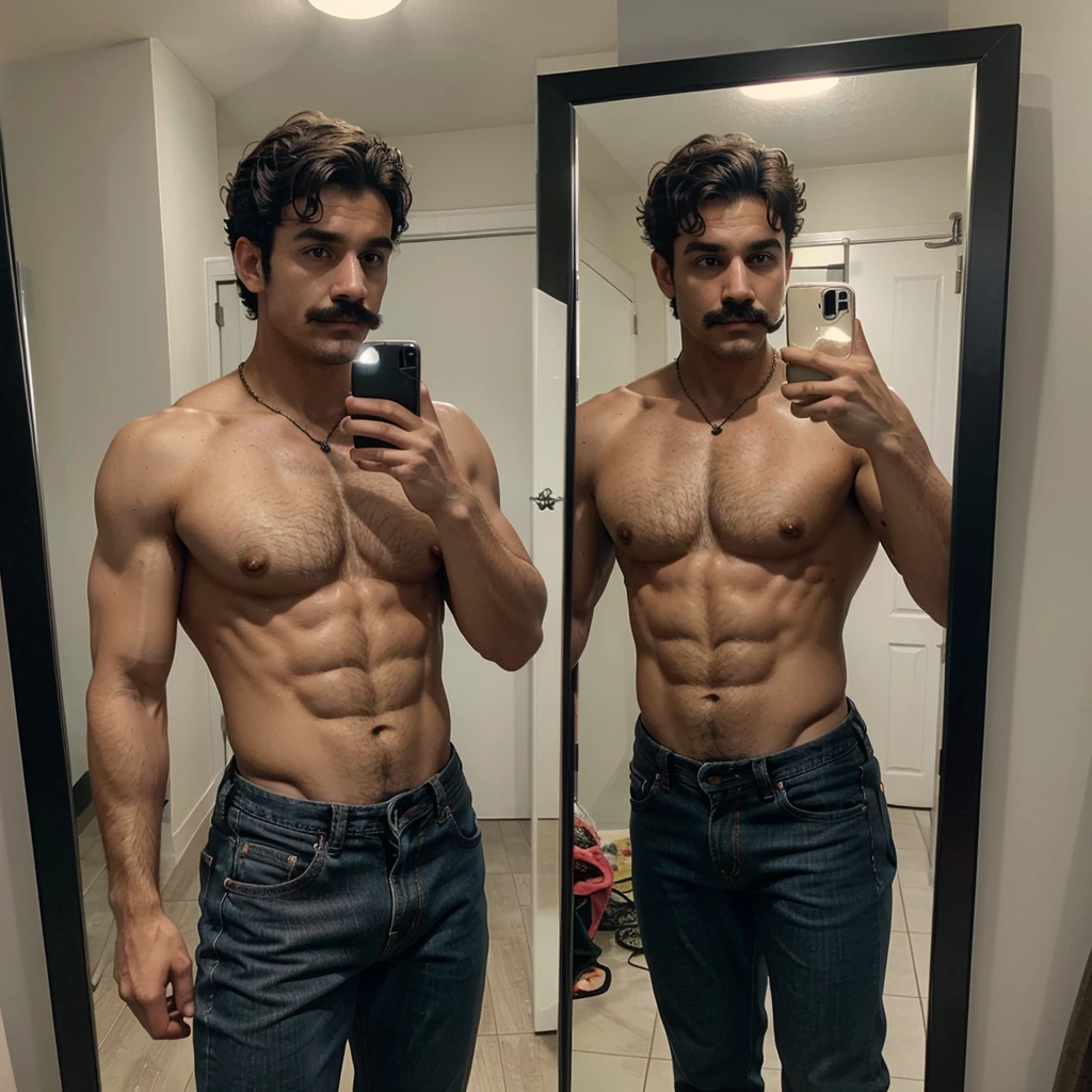 Only One Handsome man , light mustache, hot muscular body , medium curly hair , mirror selfie, best quality like its taken by iPhone 12 , wearing black baggy jeans