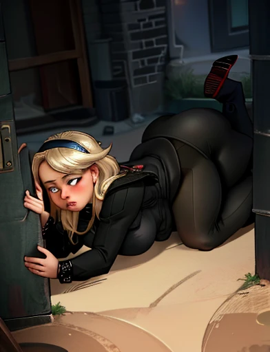 (masterpiece,best quality,absurdres,beautiful,aesthetic,detailed),cinematic angle, (Detailed face:1.2), (Detailed eyes:1.2), 1girl, solo (Gwen Stacy:1.1), curvy, bottom heavy,platinum blonde hair, bright blue eyes, ((Wearing: Black headband, olive green sweater, black leggings, black heels)), she is outside on New York streets, crowds of people on the surroundings, busy atmosphere, cinematic lighting, detailed background, she tries to squeeze and crawl through a hole in the wall but she is tightly stuck in the hole by her hips, but its no good, she's too wide, she gained a little too much weight lately, plump. she sighs waiting for spider man to save her
