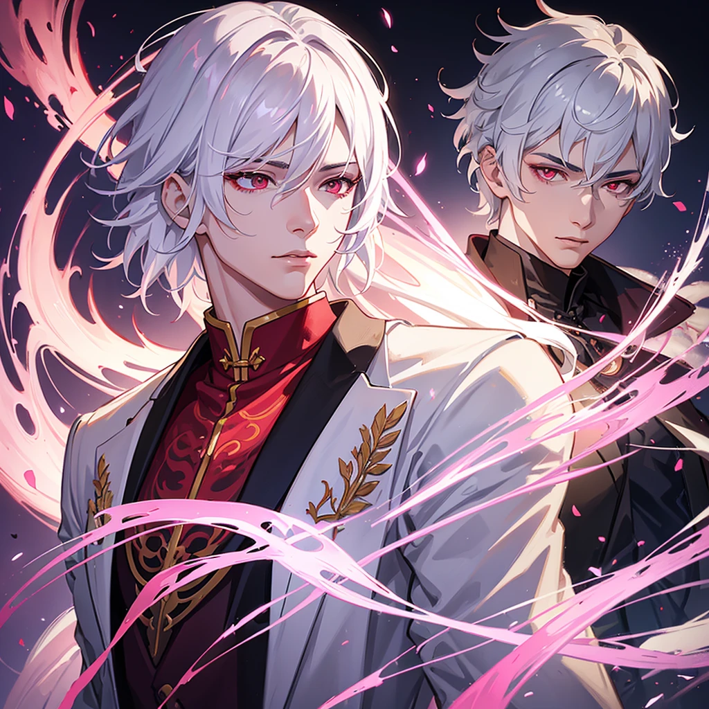 a young man with white hair and red eyes, chinese style outfit, purple aura, detailed facial features, detailed phoenix clothing, highly detailed, 8k, photorealistic, anime art, cinematic lighting, dramatic lighting, fantasy