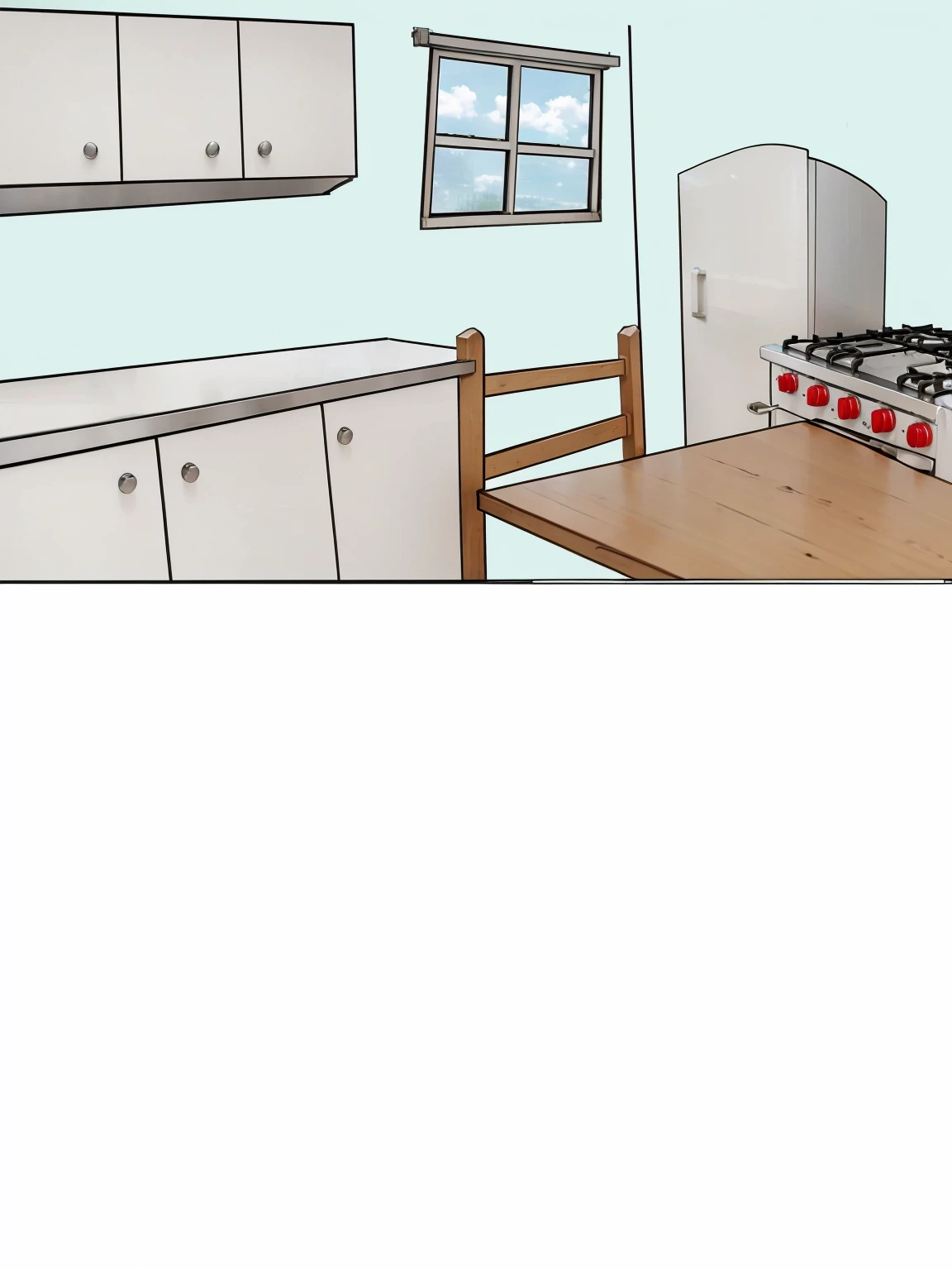 A kitchen white cabinets a wooden table and a wooden chair a silver stove with red buttons a white refrigerator and a window with daylight fantastic art 8k ultra realistic
