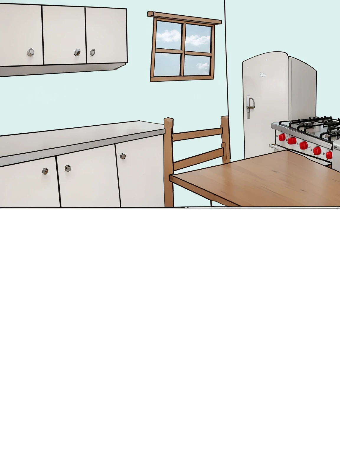 A kitchen white cabinets a wooden table and a wooden chair a silver stove with red buttons a white refrigerator and a window with daylight fantastic art 8k ultra realistic
