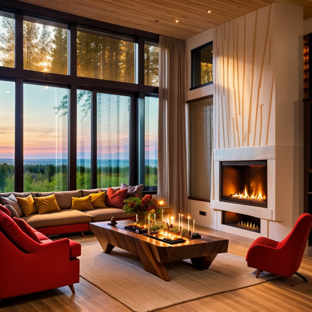 Describe a room in a pleasant house, prepared for a romantic dinner by the warm glow of candles and the fireplace, with a large television and expansive windows offering a view of the serene outdoors. The interior of the house is meticulously crafted from carefully selected and blended wood, striking a balance between modernism and sophistication. The room is not cluttered with excessive furniture, creating an intimate atmosphere by the fireplace. The scene is set for a cozy evening, with the ambiance perfect for a romantic occasion, capturing the imagination and stirring the soul, 4k