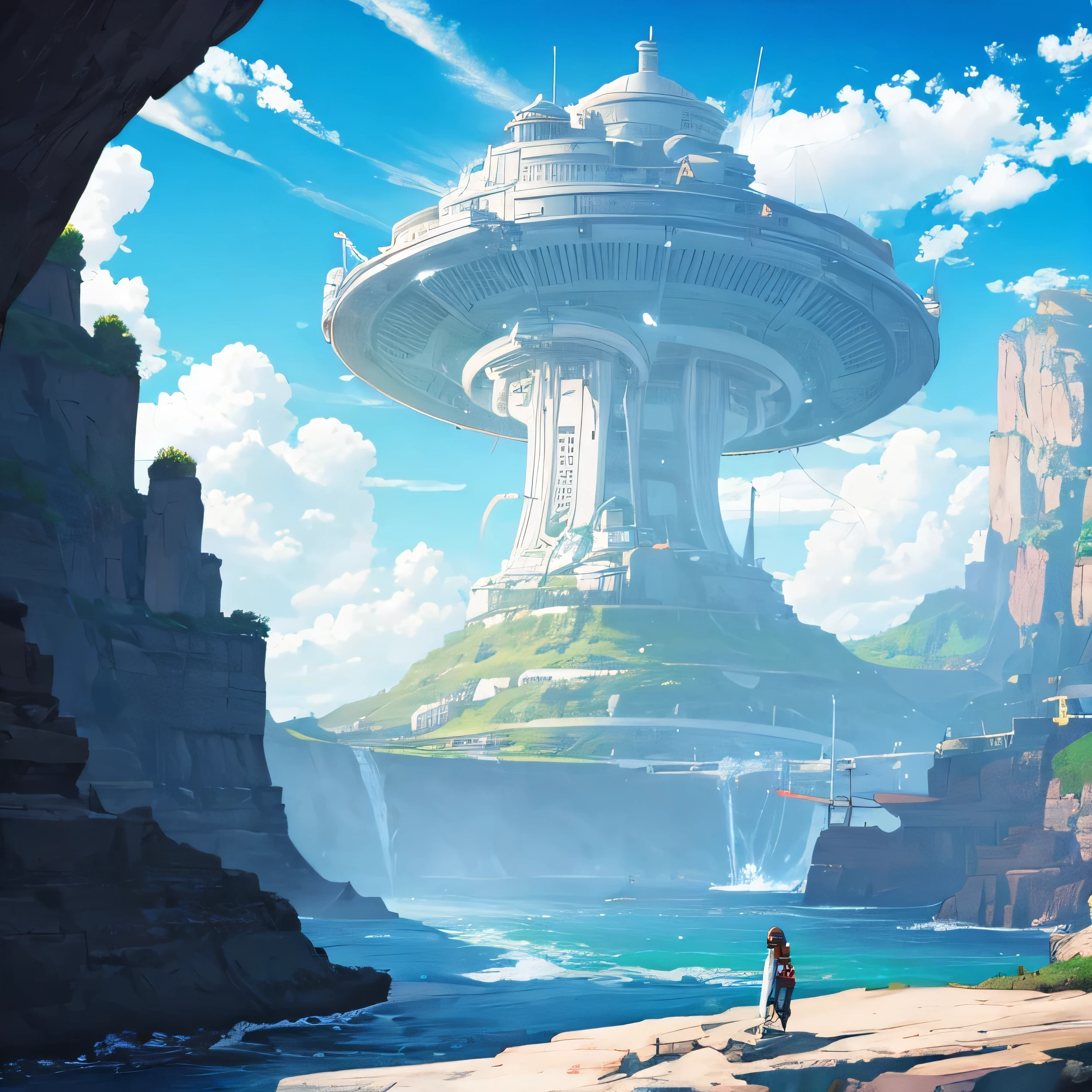 alien spaceship landing near cliffs
