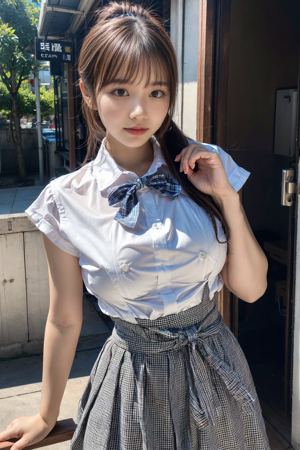 (8K, RAW Photos, Highest quality, masterpiece:1.3), (professional photography, full colors, studio-caliber color grading), (Gravure quality for high-end fashion magazines), BREAK, 1girl, (fluffy ponytail:1.2), (double-breasted,underbust:1.2), Big Natural Color Lip, (Plumpy body:1.2), (smooth skin:1.1), (breasts:1.2), BREAK, (gingham-check suspender-apron:1.2), (solid-blue high-waist skirt:1.2), (apron over skirt:1.1), (white blouse:1.2), short sleeves, button gap, (solid-blue bow-tie:1.1), BREAK, dynamic pose, cafe, Restaurant,