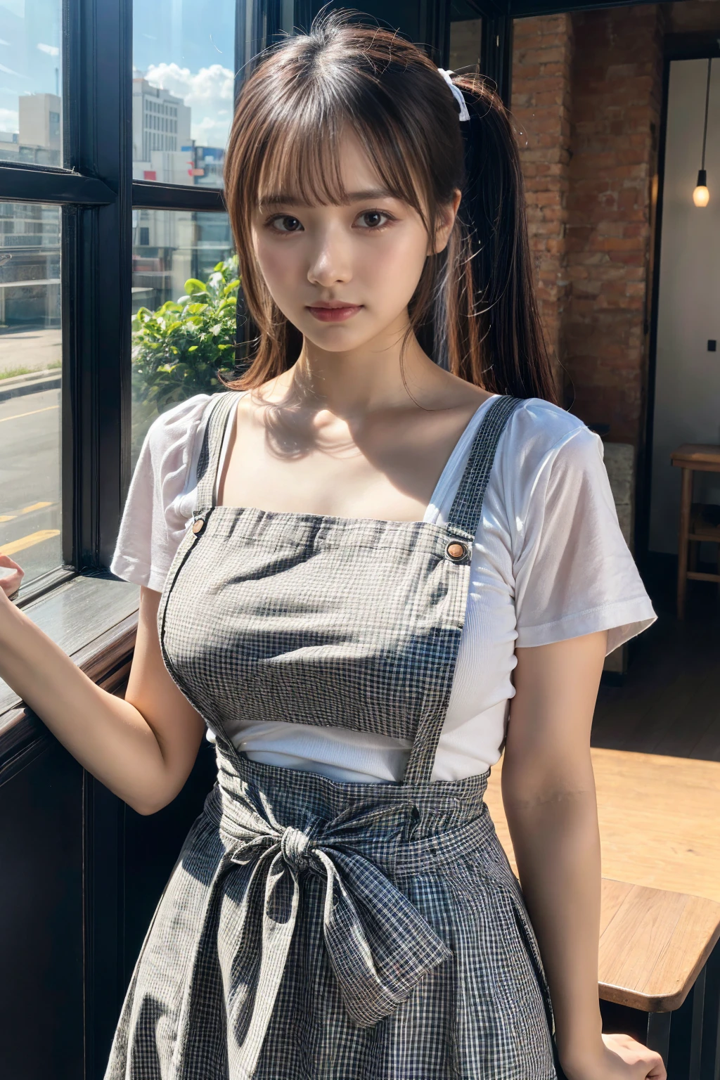 (8K, RAW Photos, Highest quality, masterpiece:1.3), (professional photography, full colors, studio-caliber color grading), (Gravure quality for high-end fashion magazines), BREAK, 1girl, (fluffy ponytail:1.2), (double-breasted,underbust:1.2), Big Natural Color Lip, (Plumpy body:1.2), (smooth skin:1.1), (breasts:1.2), BREAK, (gingham-check suspender-apron:1.2), (solid-blue high-waist skirt:1.2), (apron over skirt:1.1), (white blouse:1.2), short sleeves, button gap, (solid-blue bow-tie:1.1), BREAK, dynamic pose, cafe, Restaurant,