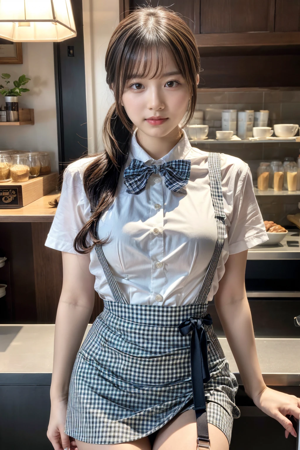 (8K, RAW Photos, Highest quality, masterpiece:1.3), (professional photography, full colors, studio-caliber color grading), (Gravure quality for high-end fashion magazines), BREAK, 1girl, (fluffy ponytail:1.2), (double-breasted,underbust:1.2), Big Natural Color Lip, (Plumpy body:1.2), (smooth skin:1.1), (breasts:1.2), BREAK, (gingham-check suspender-apron:1.2), (solid-blue high-waist skirt:1.2), (apron over skirt:1.1), (white blouse:1.2), short sleeves, button gap, (solid-blue bow-tie:1.1), BREAK, dynamic pose, cafe, Restaurant,