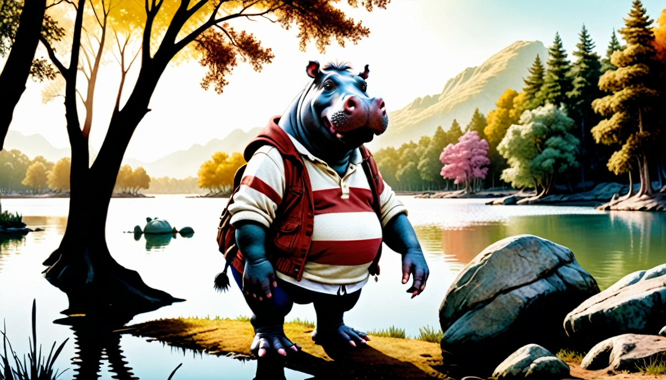 (photography film style), anthropomorphic cute hippopotamus, lakeside, surrounded by trees, wearing casual clothes, 2D, colorful, warm atmosphere, glossy, Jean-Baptiste Monge style, Alan Lee style
