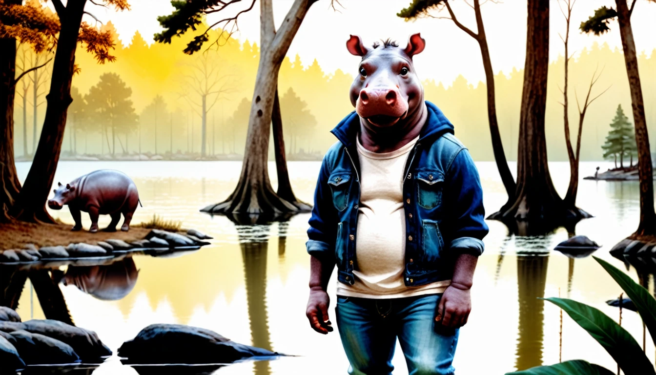 (photography film style), anthropomorphic cute hippopotamus, lakeside, surrounded by trees, wearing casual clothes, 2D, colorful, warm atmosphere, glossy, Jean-Baptiste Monge style, Alan Lee style