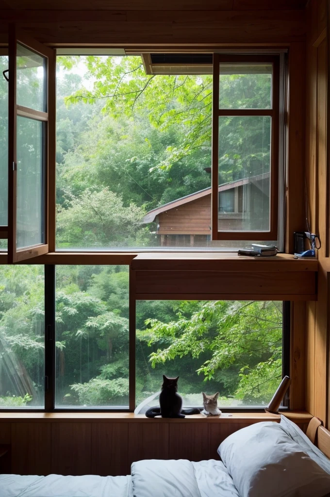 In a tree house at a very high position, one can only see trees and heavy rain outside the glass window of the tree house, but not the ground. There is a bed and a long table in the room. The computer on the table is playing cartoon videos. There is also a desk lamp on the table. The cabinet next to the bed is full of books, and there is a kitten sleeping on the bed.
