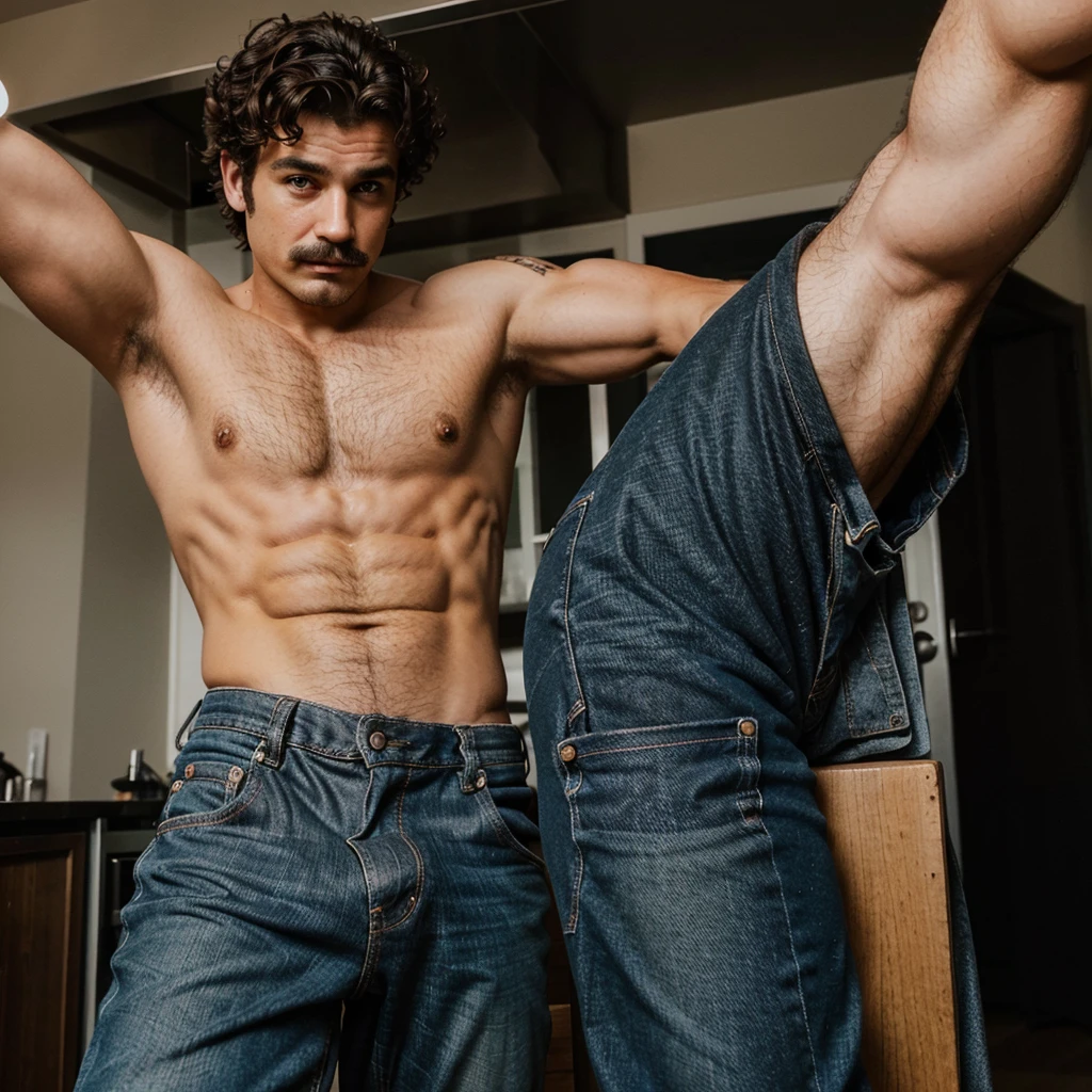 Only One Handsome man , light mustache, hot muscular body , medium curly hair , selfie, best quality like its taken by iPhone 12 , wearing black baggy jeans