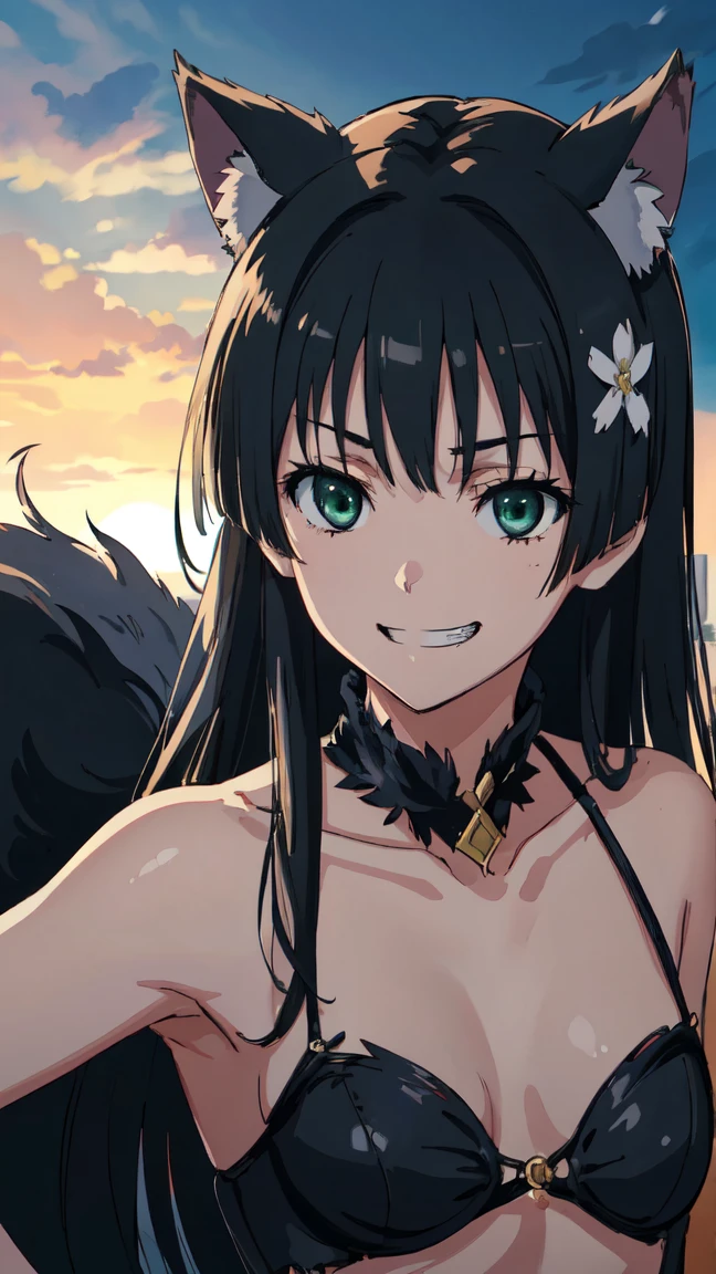 (High resolution:1.4), (masutepiece:1.2), (High quality:1.3) 1girl, saten ruiko, green eyes, long hair, black hair, small breast, dangerousbeast, wolf tail, cinematic lighting, pov, grin