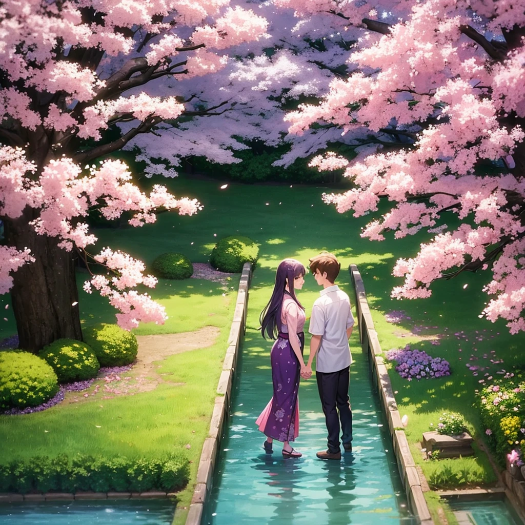 A heterosexual anime couple holding hands in the middle of a Japanese garden that has cherry trees and purple flowers around them 